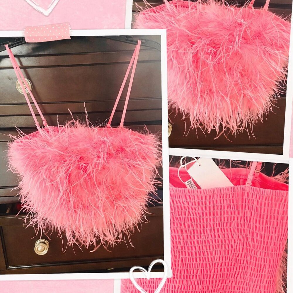 SMALL Lucy Paris FEATHER DECORATED pink spaghetti strap TUBE TOP NWT